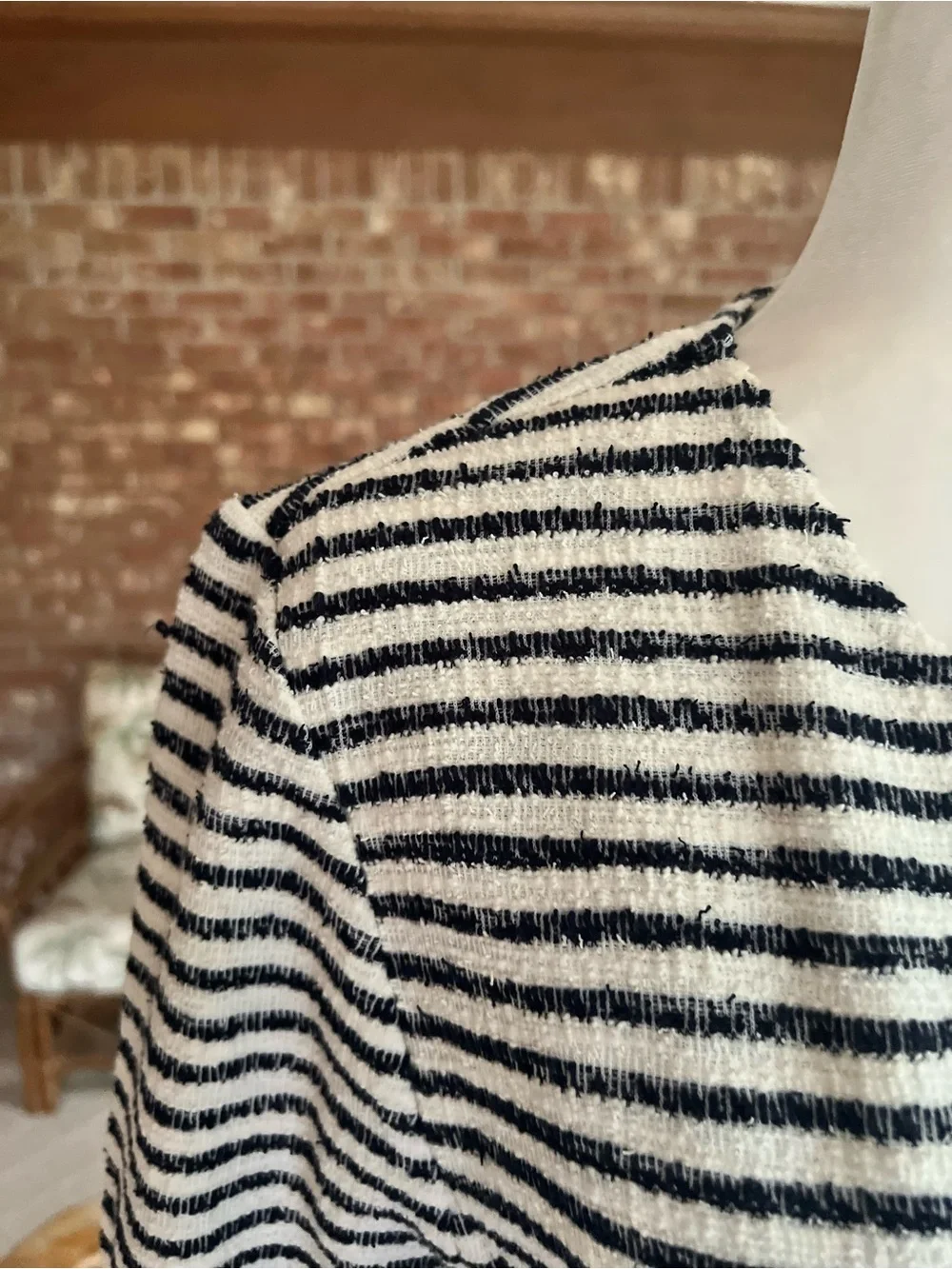Loft Tweed Open Front Peplum Navy Blue Off White Stripe Blazer M Nautical Preppy